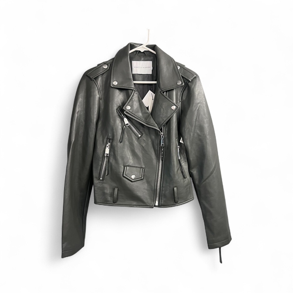 Rebecca Minkoff Olive Green Moto Jacket Size S Faux Vegan Leather Biker Coat NWT